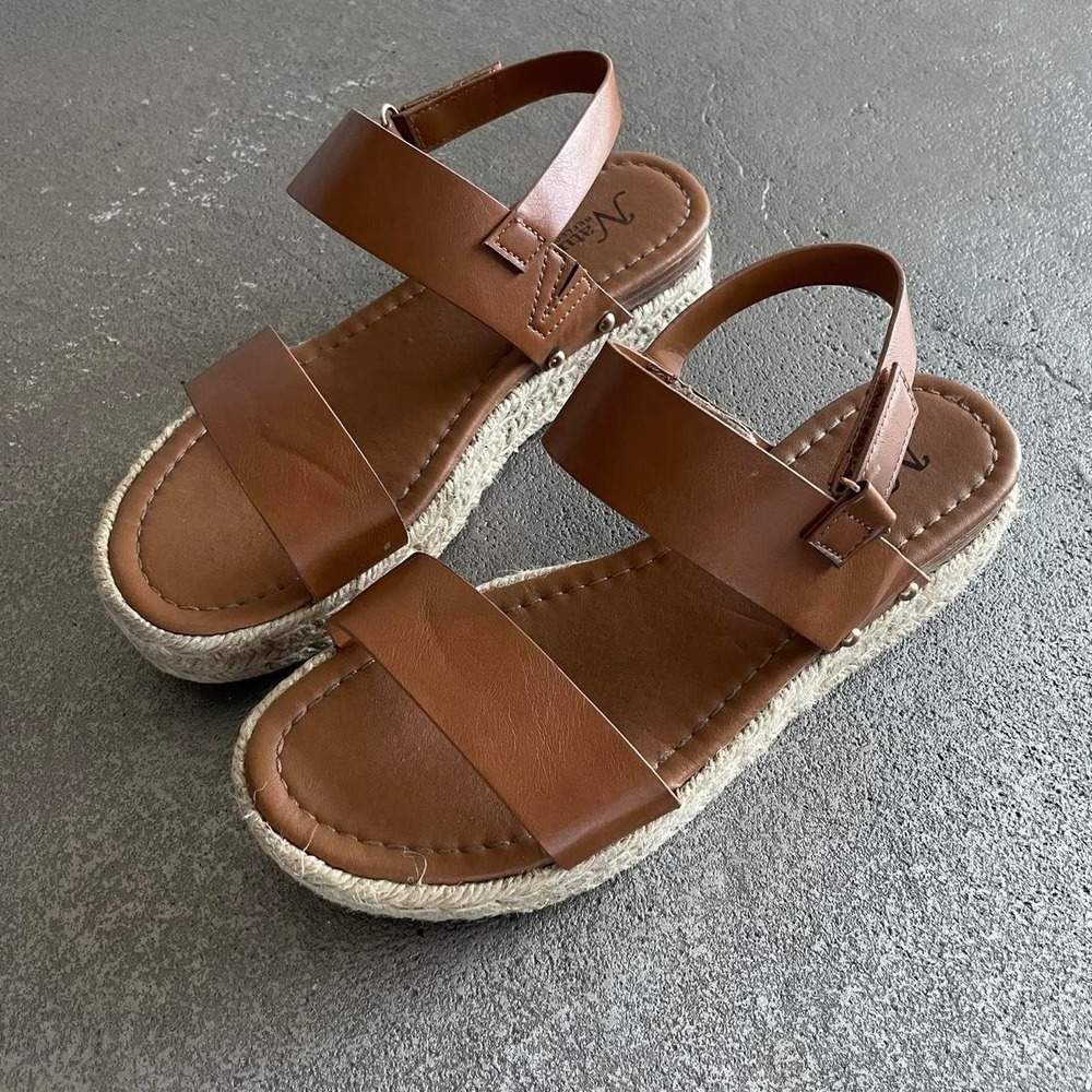 Brown faux leather espadrille sandals Ankle Strap Size 9